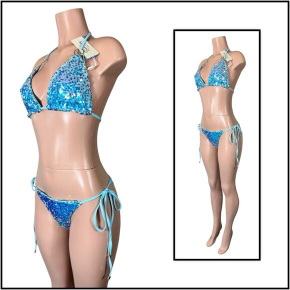 Beach Bunny Blue Icon Triangle Top & Icon Tie Side Skimpy Bottom $250 - Picture 3 of 12